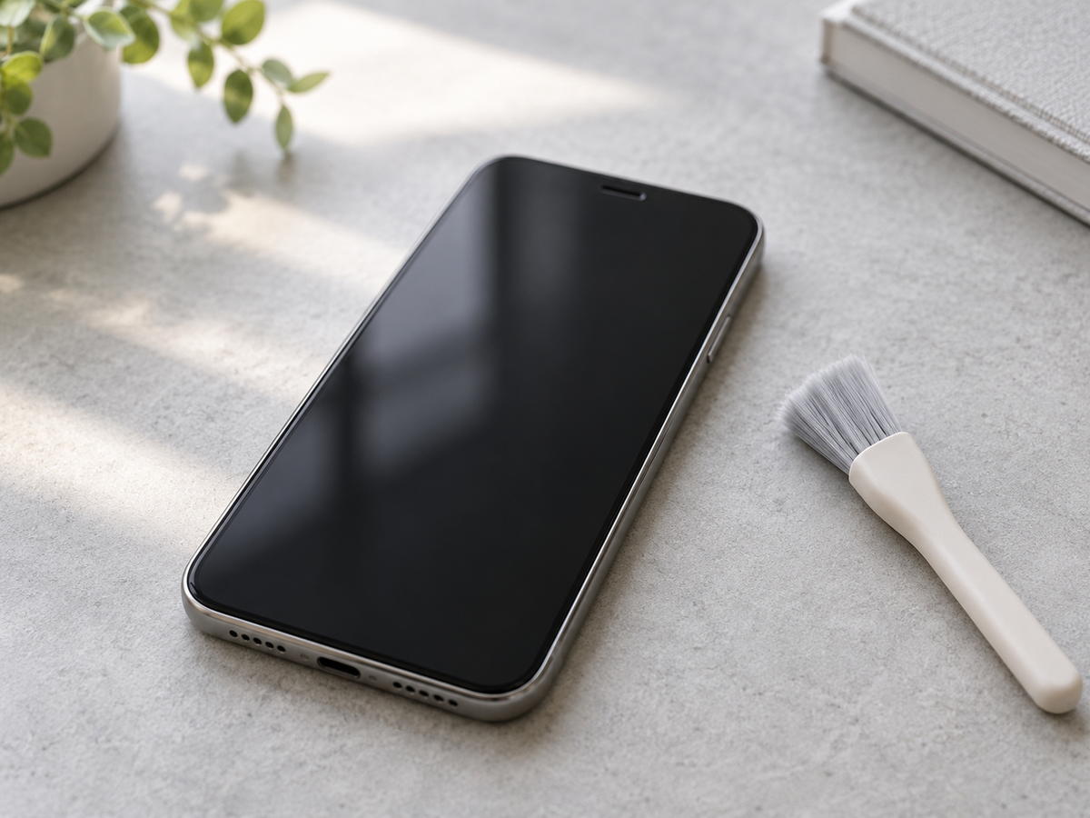 机に置かれたスマートフォンと乾いた小型ブラシ