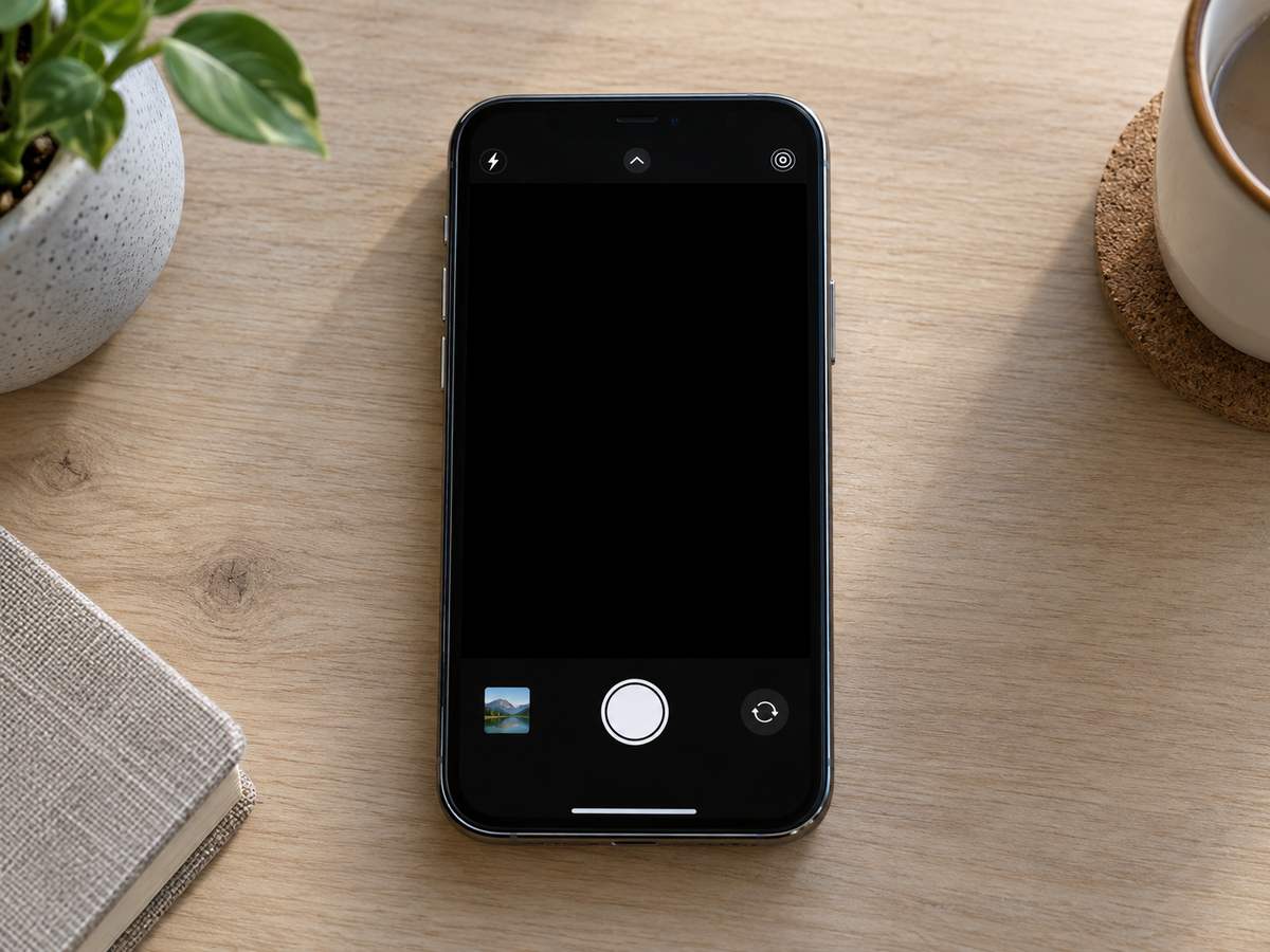 画面は点灯し、カメラのプレビュー領域が黒く表示されたスマートフォン