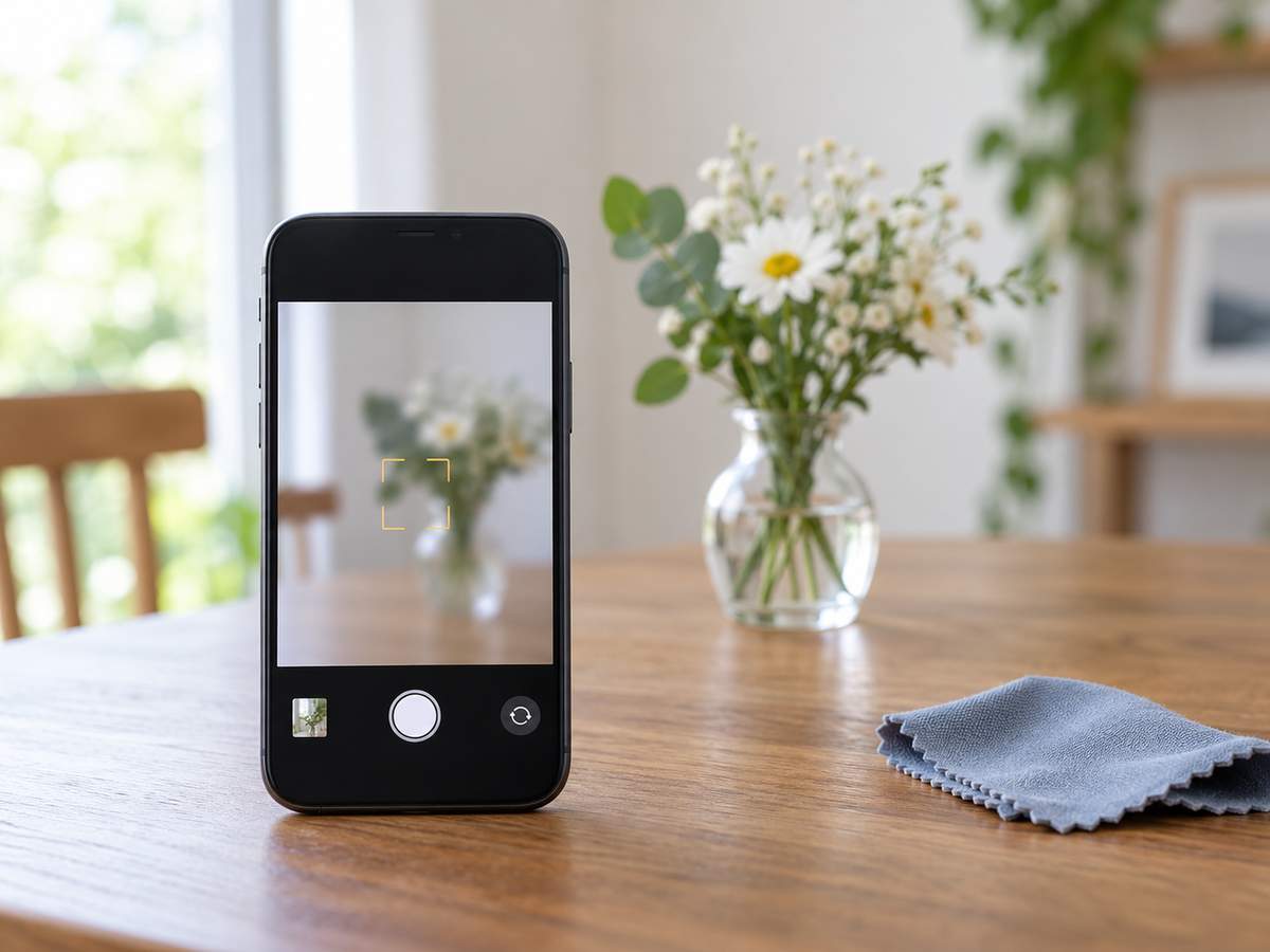 花に向けたスマートフォンのカメラとマイクロファイバークロス