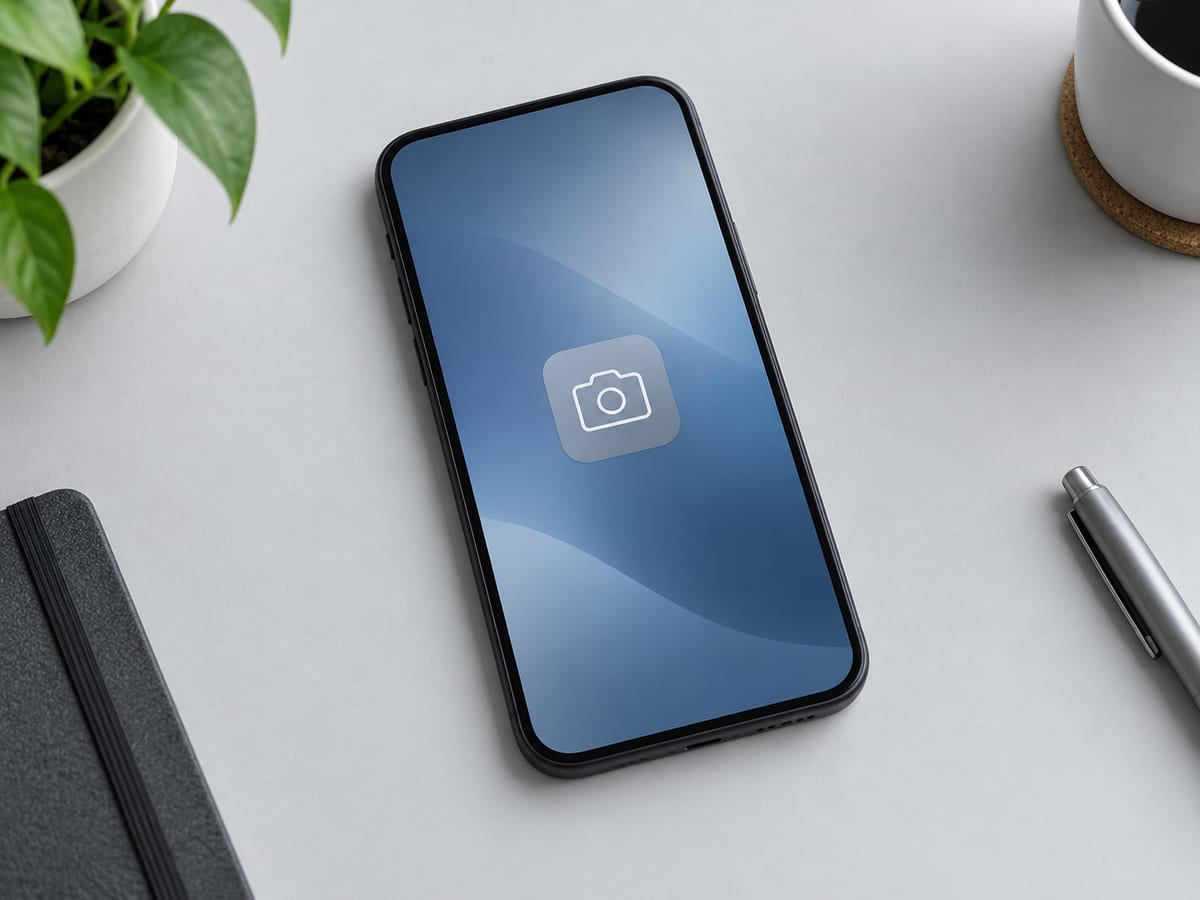 抽象的な青い画面の中央に白いカメラ図記号を表示したスマートフォン