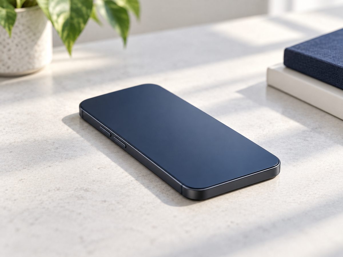 画面表示やロゴのないスマートフォンを明るい机の上に置いた様子