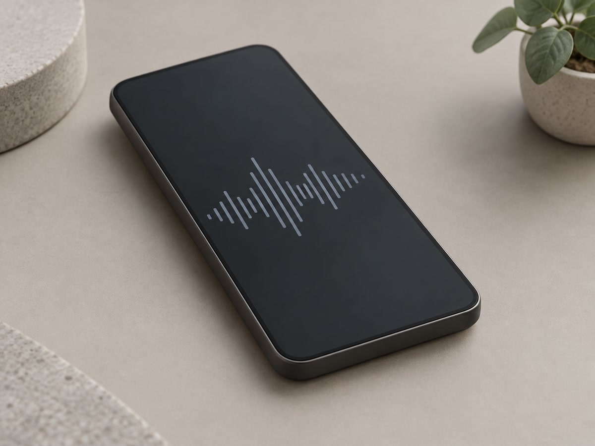画面に抽象的な音声波形が表示されたスマートフォン