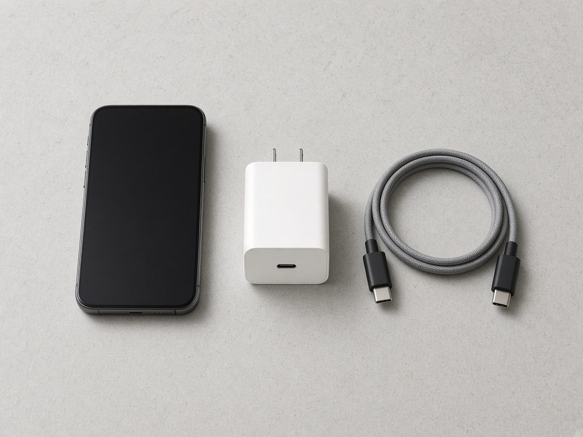 黒いスマートフォン、白い電源アダプタ、灰色のUSB-Cケーブルが並んでいる様子