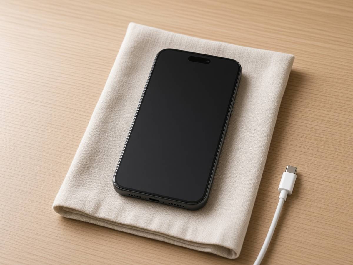 布の上に置いたスマートフォンと、つながっていない白い充電ケーブル