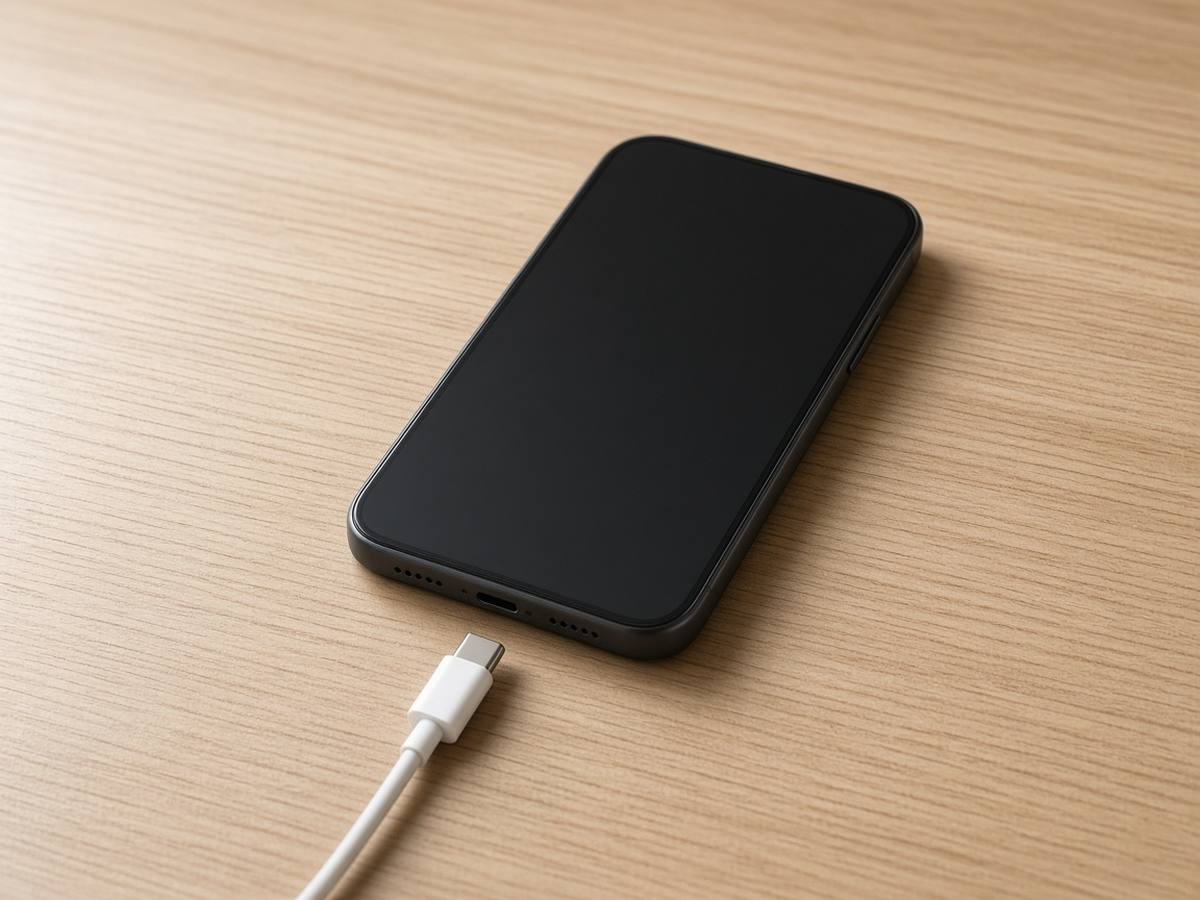 黒いスマートフォンが机に置かれ、白いUSB-Cケーブルがまだつながっていない様子
