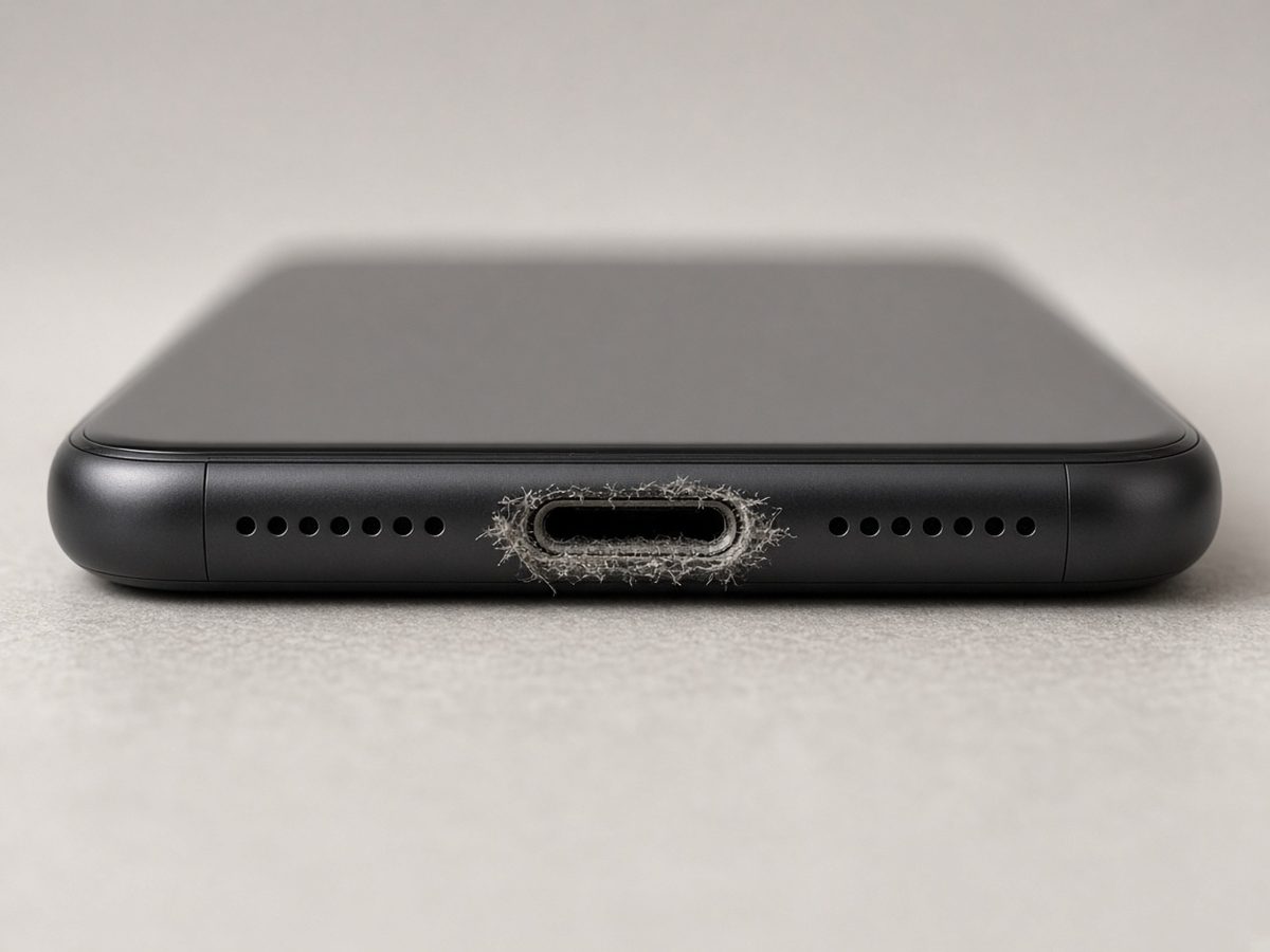 スマートフォン下部の充電口の縁に糸くずがたまっている拡大