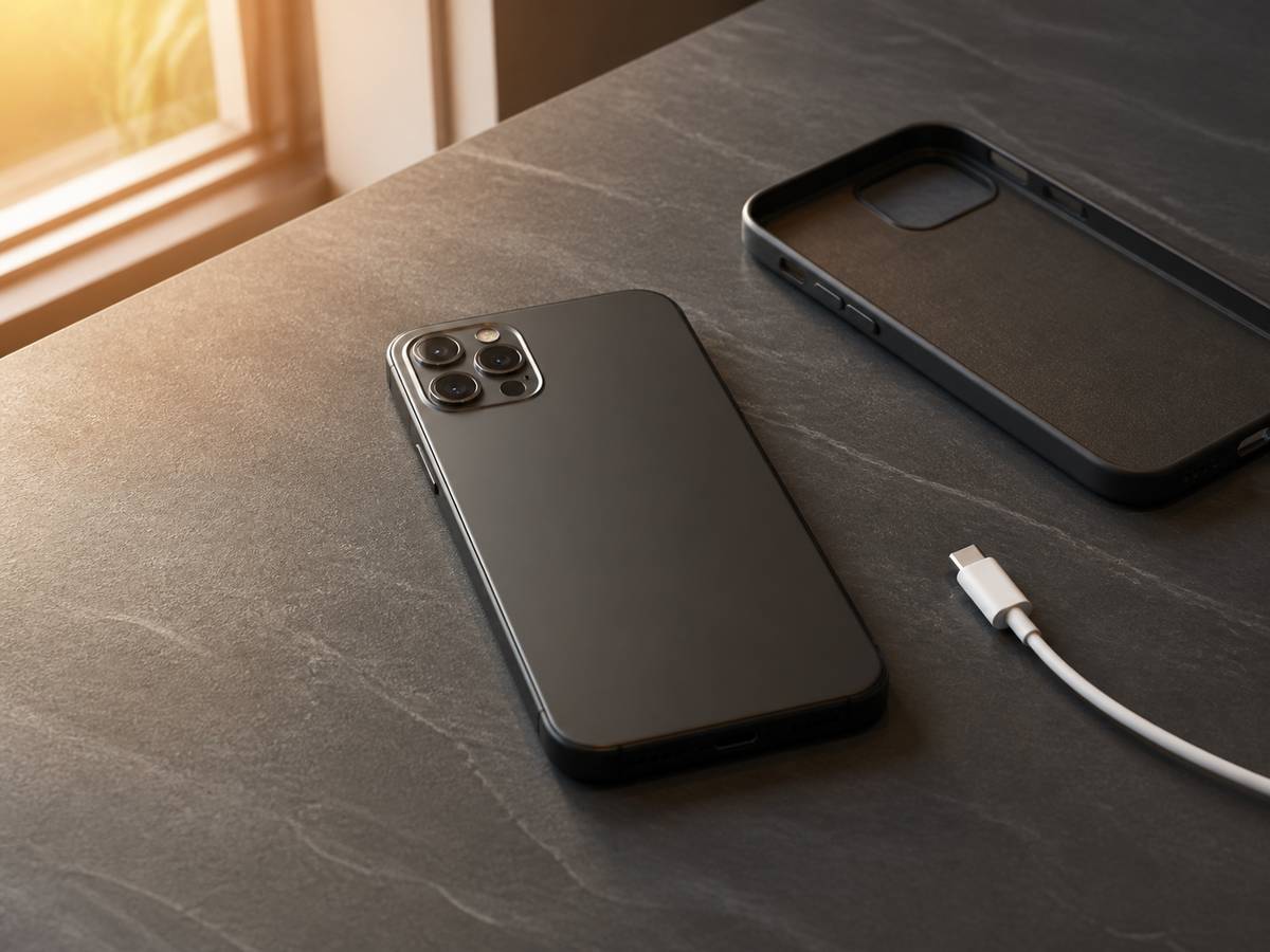 窓際の机でケースと充電ケーブルを外して休ませているスマートフォン