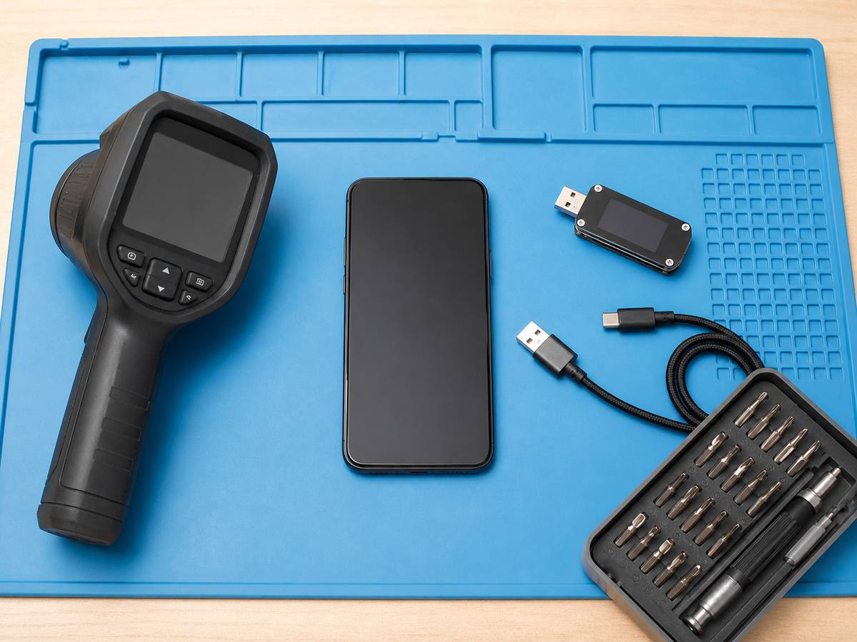 修理作業台に置かれたスマートフォンとサーマルカメラ、電力計、点検工具