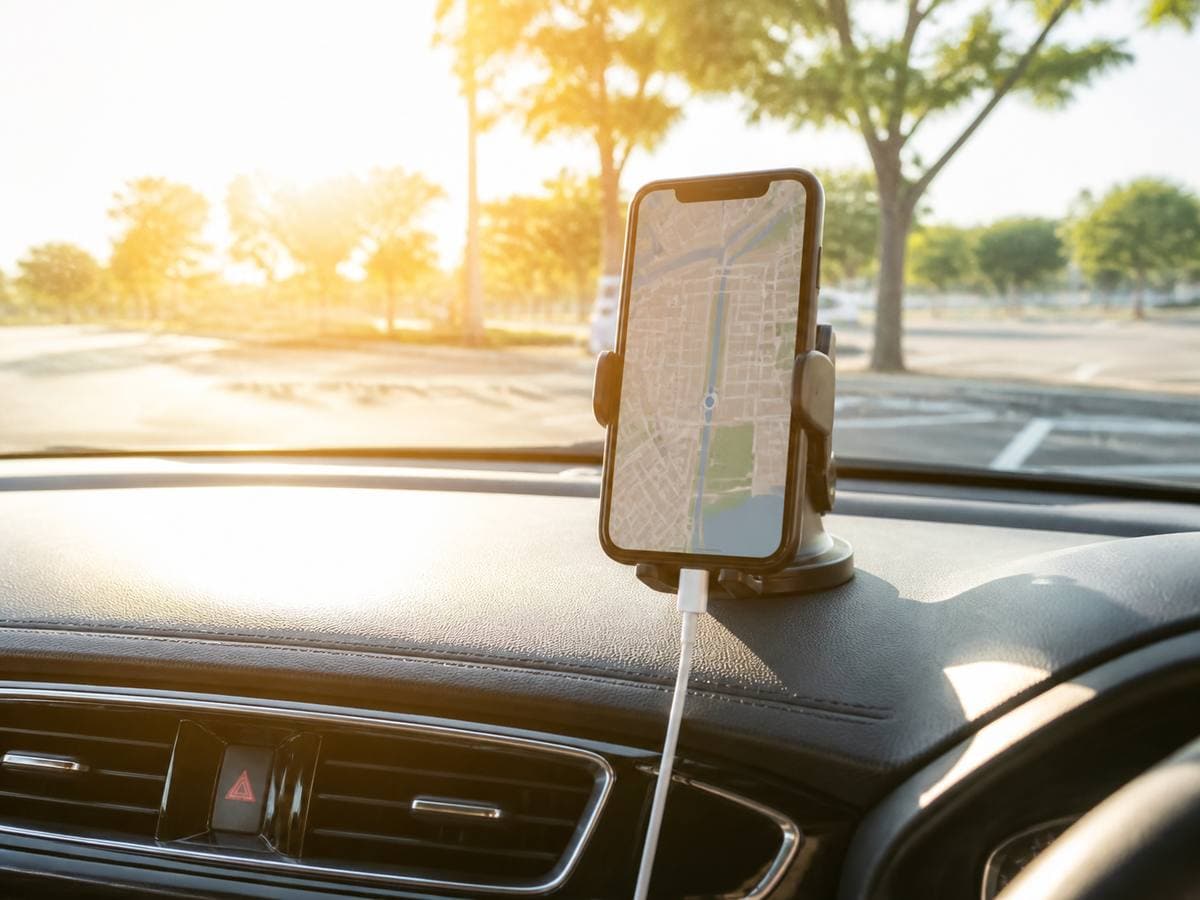 夏の車内で直射日光を受けながらナビ表示と充電をしているスマートフォン