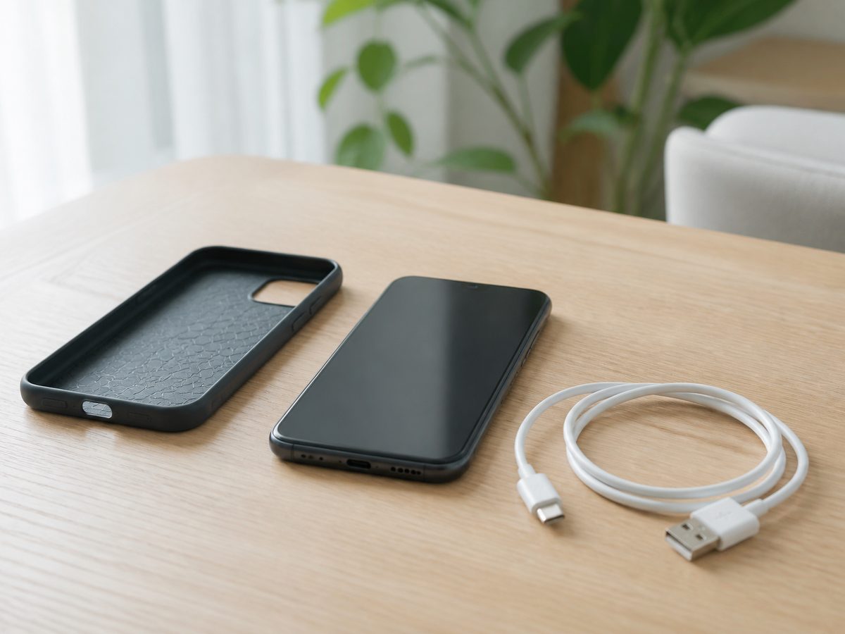 ケースと充電ケーブルを外し、机の上で冷ましているスマートフォン