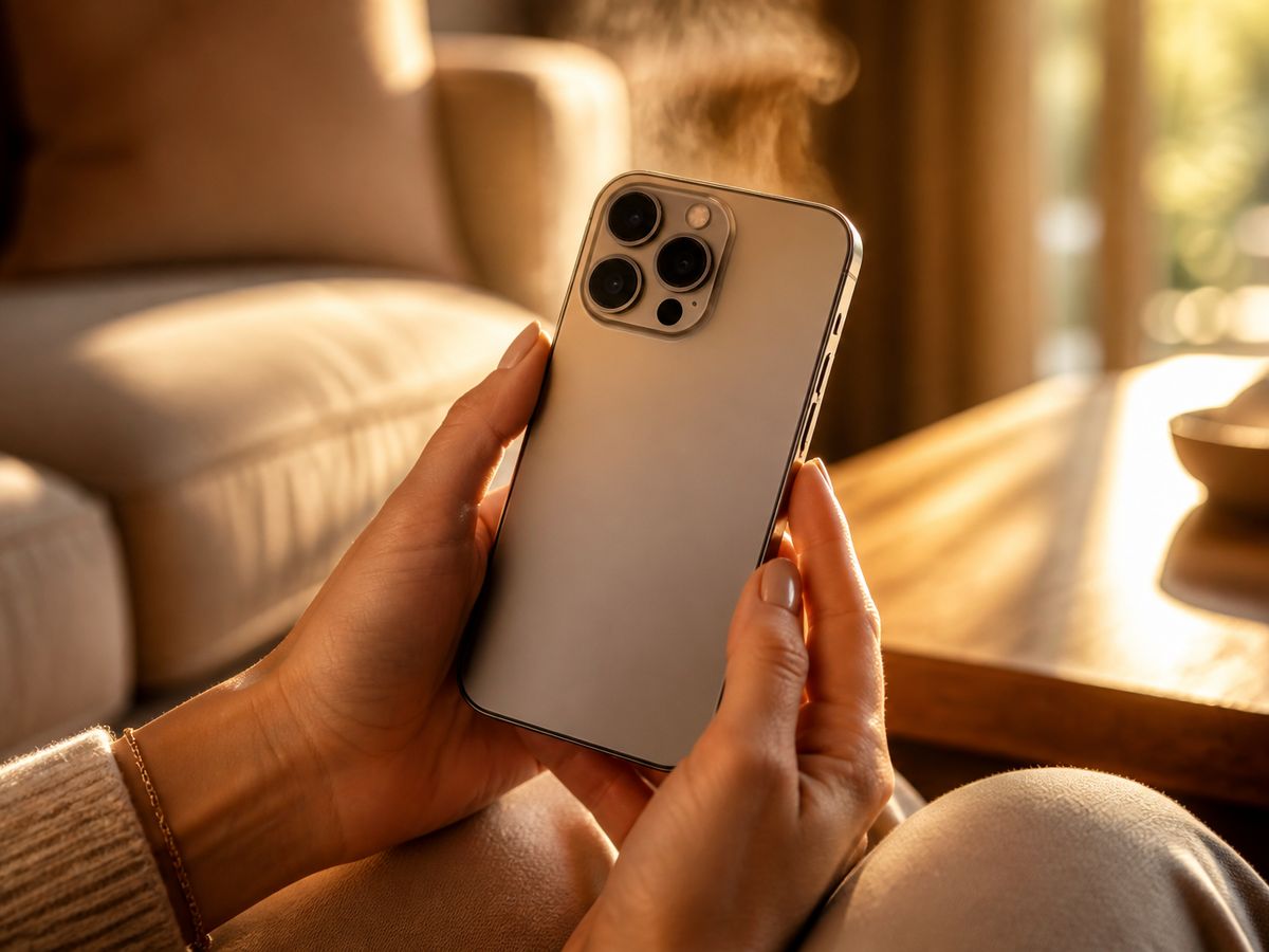 両手で持ったiPhoneの背面から、熱を示す湯気のようなものが立ち上っている