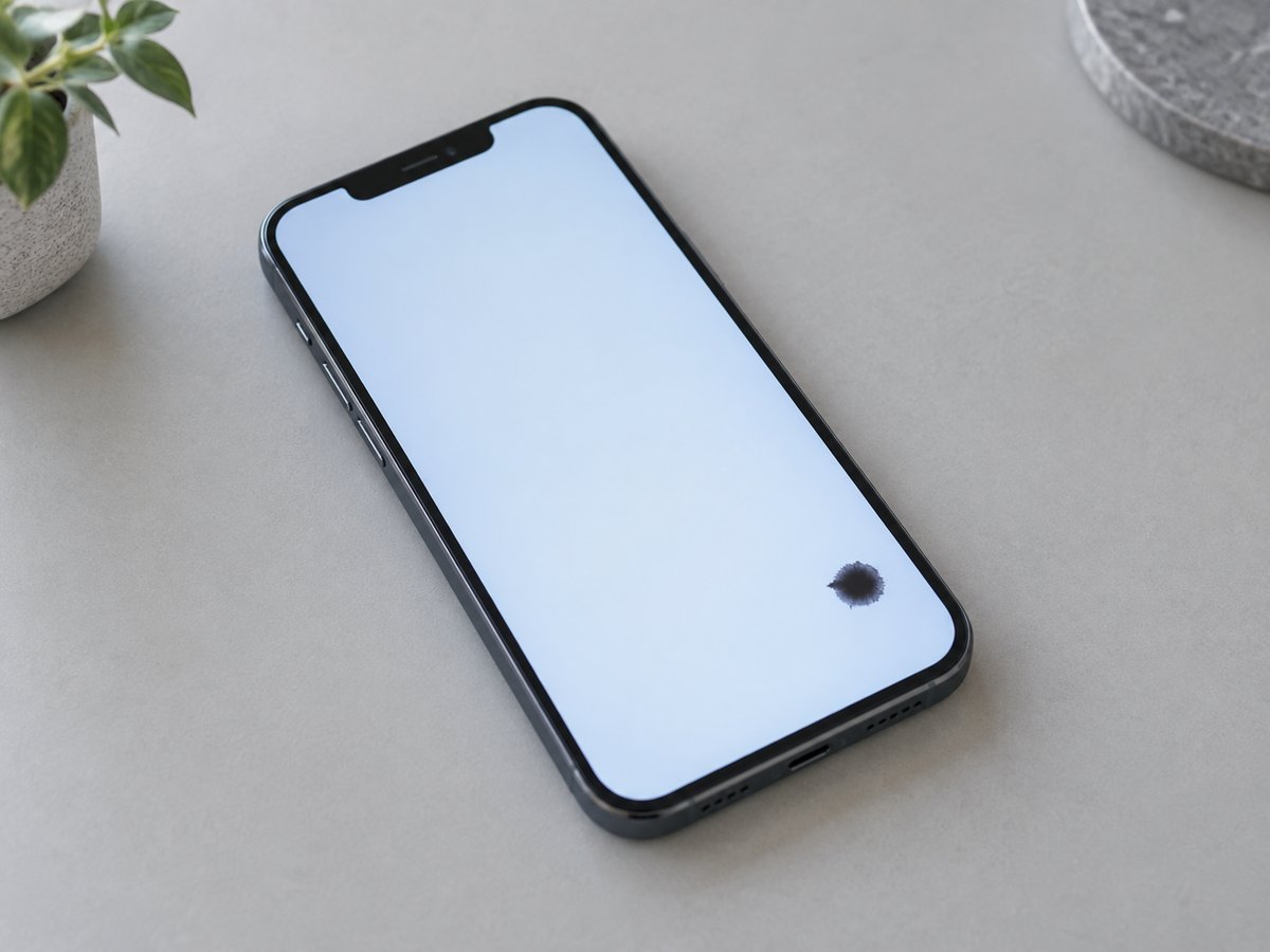 明るい画面の右下に黒いシミが見えるスマートフォンのイメージ