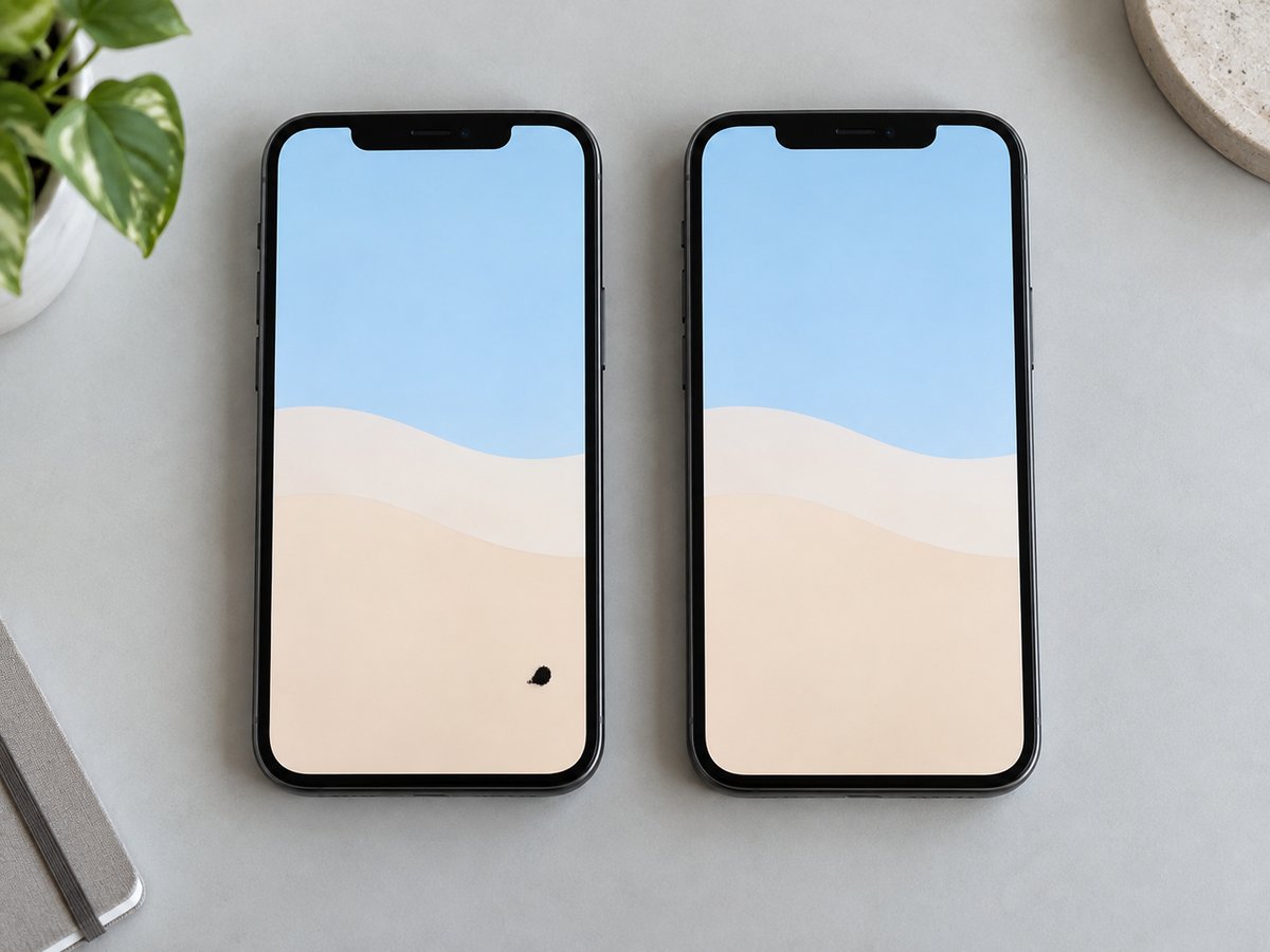 左の画面に黒い点があり、右の画面にはない2台のスマートフォン