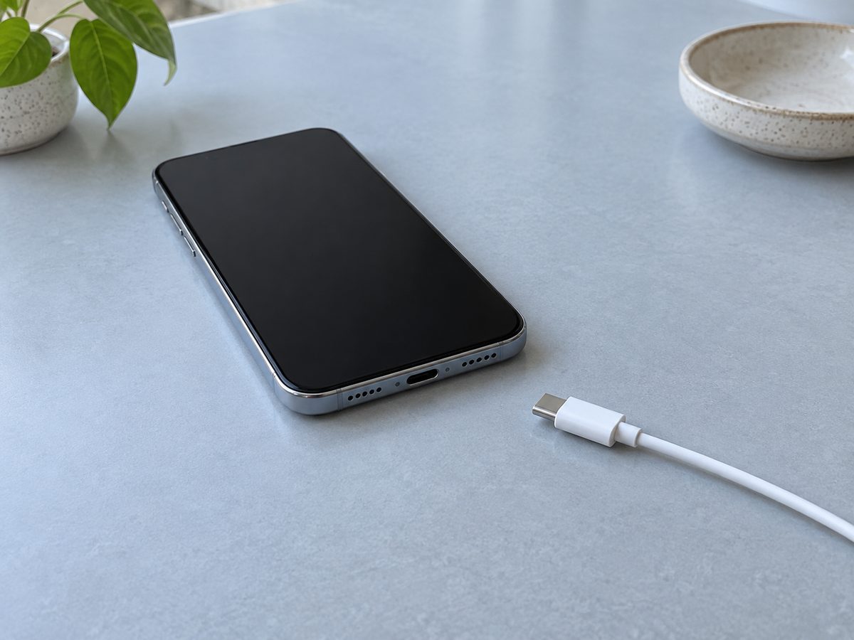 画面が消えたスマートフォンと、端子から離れた充電ケーブル