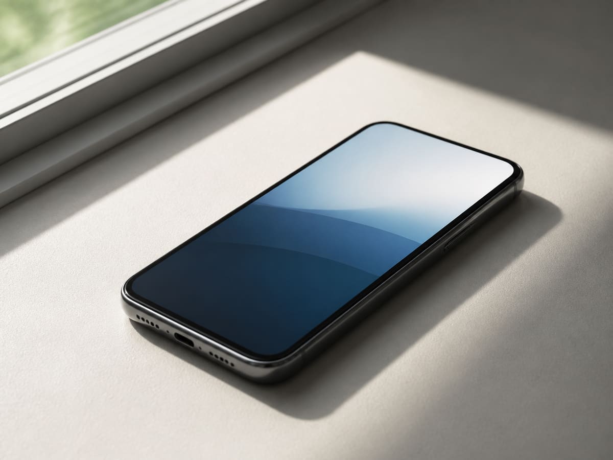 窓からの光と影が差す机に置かれた明暗の異なるスマートフォン画面