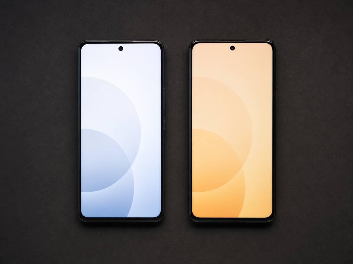 青白く明るい画面と暖色で暗く見える画面を並べた2台のスマートフォン