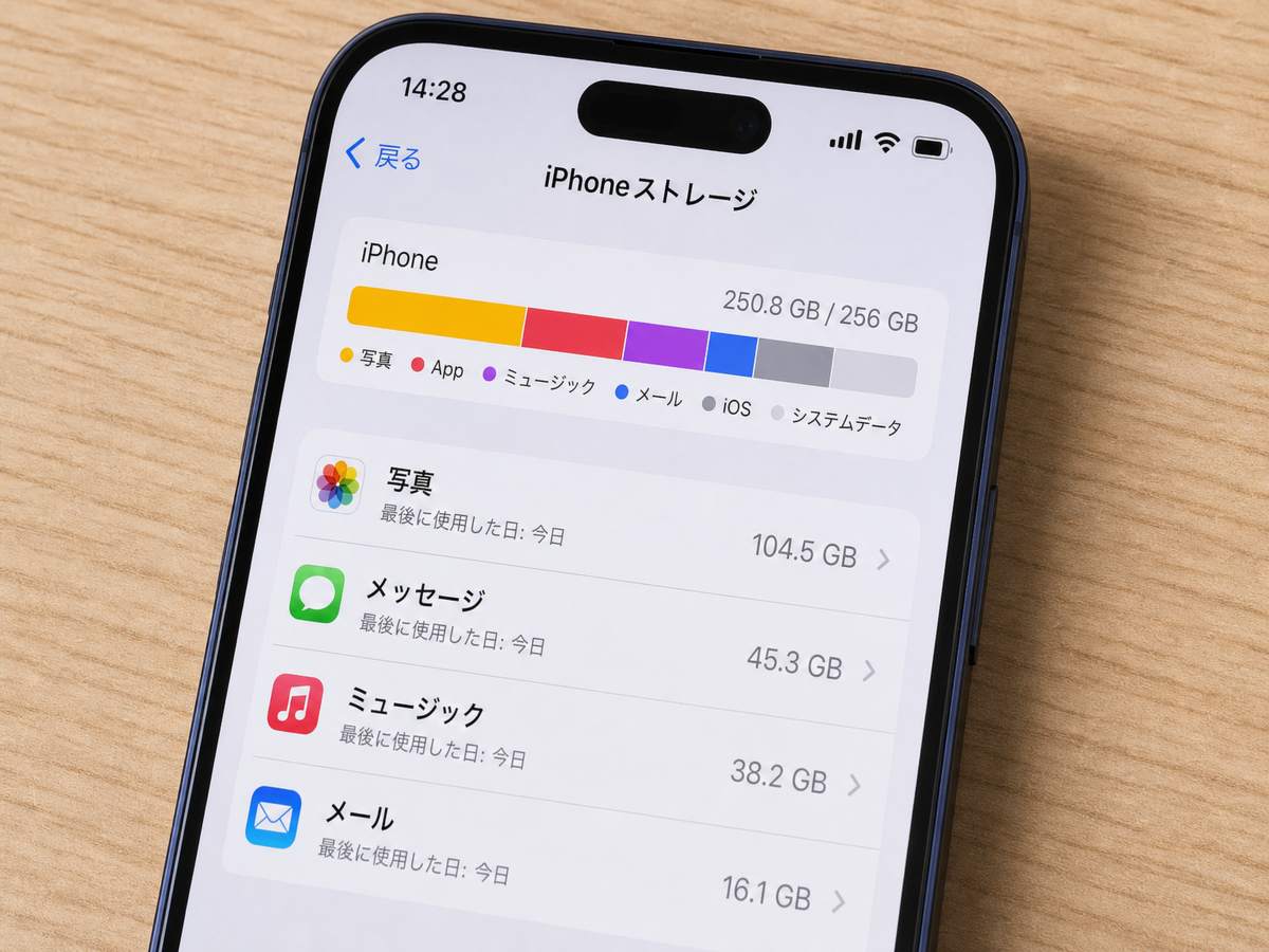 ほぼ満杯のiPhoneストレージで、色分けされた使用量グラフとアプリ別容量が一覧表示された画面