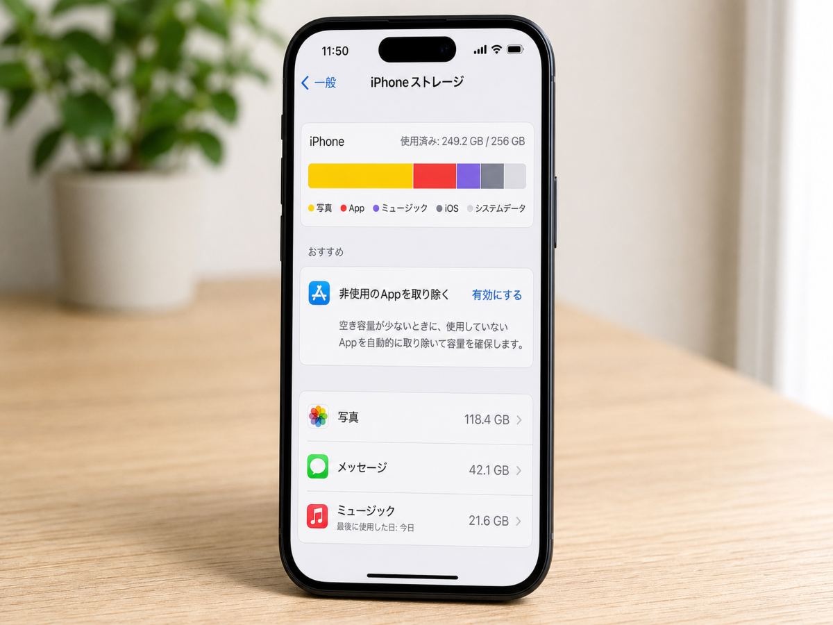 空きが少ないiPhoneストレージ画面で、使用量の内訳と非使用Appの取り除きが表示された様子