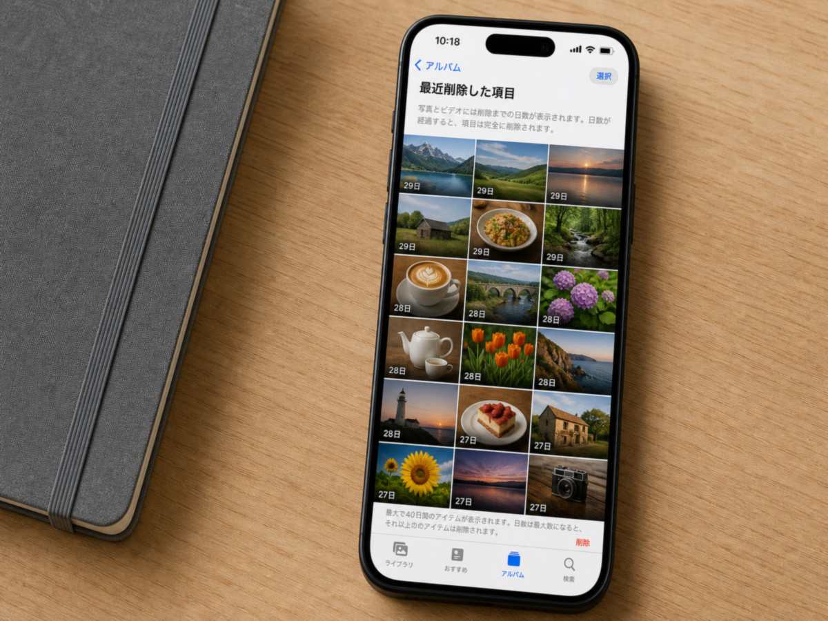 写真アプリの最近削除した項目で、削除までの日数が付いたサムネイルが並んだiPhone