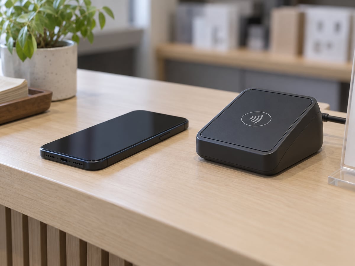 スマートフォンと無銘の非接触決済リーダーをカウンターに並べた様子