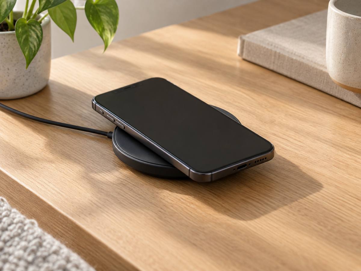 一般的なスマートフォンをワイヤレス充電パッドの中央に置いた様子