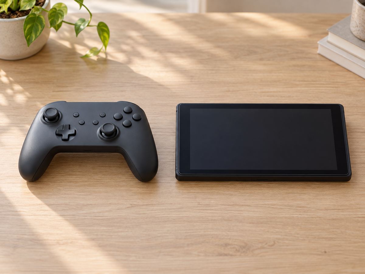 机に置かれた汎用ゲームコントローラーと携帯型ゲーム画面
