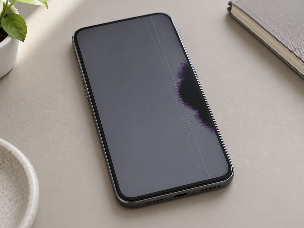机の上の一般的なスマートフォン。画面の端に黒いにじみと細い線が見える