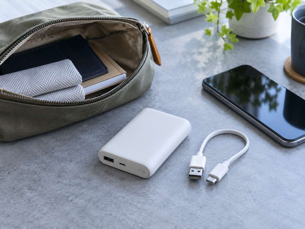 スマートフォンとケーブルのそばに置いた携帯用モバイルバッテリー