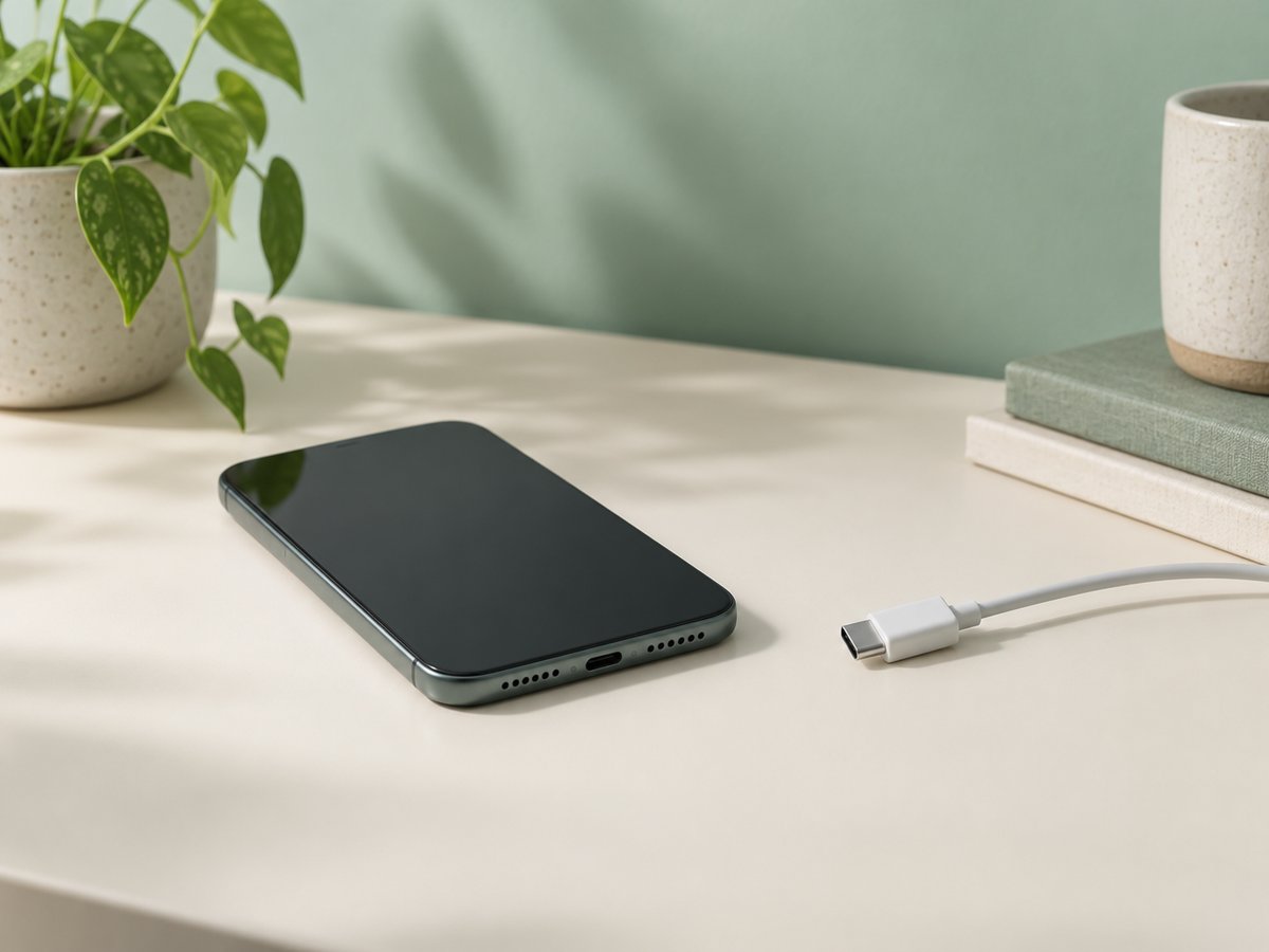 充電器とケーブルを外して置いた、閉じた状態のスマートフォン