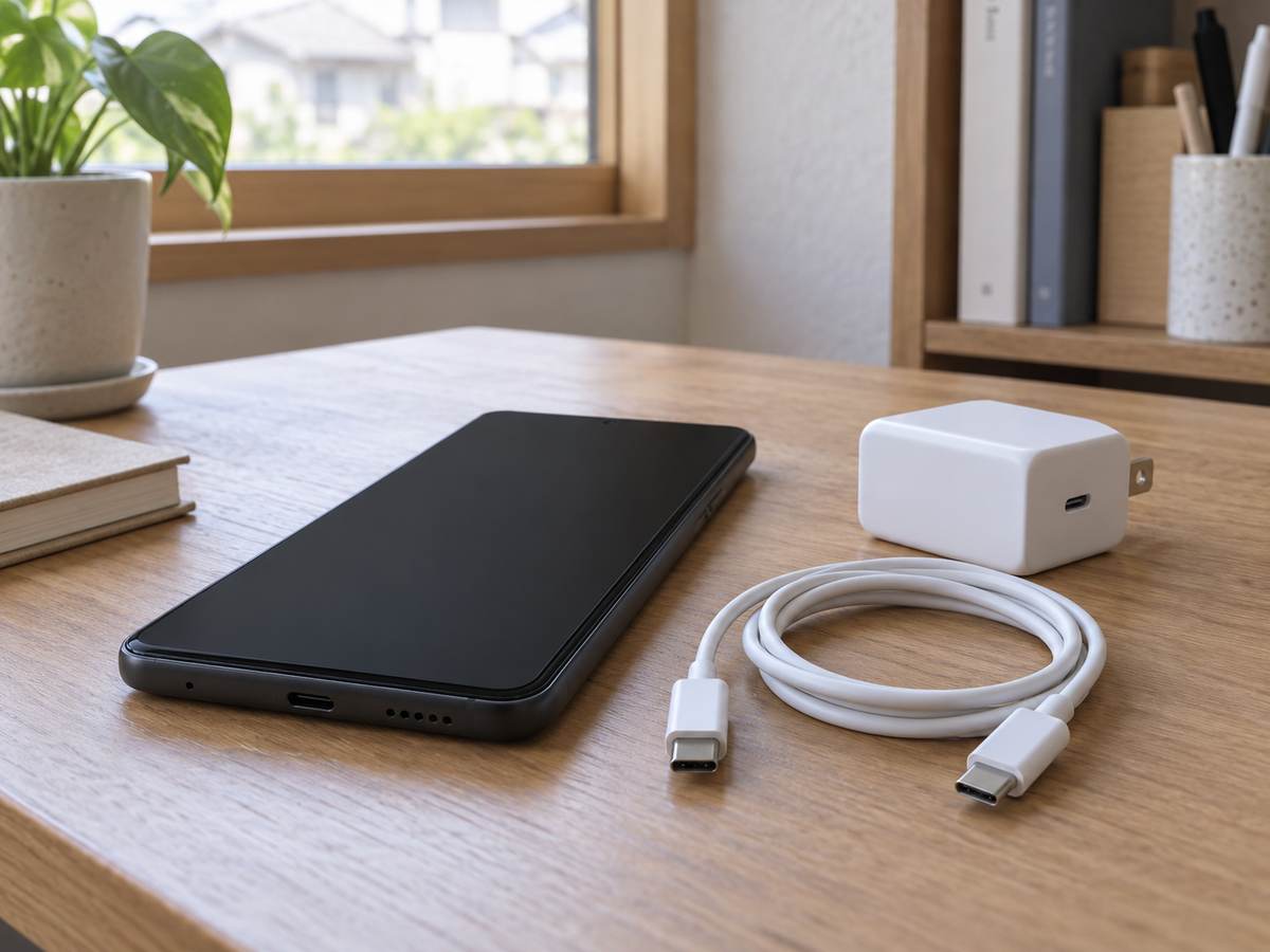 充電ケーブルと電源アダプタのそばに置かれた画面の暗いスマートフォン