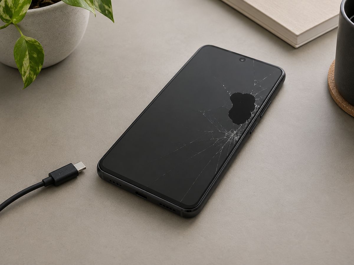 ガラスにひびと黒いしみがある、ケーブルを外したスマートフォン