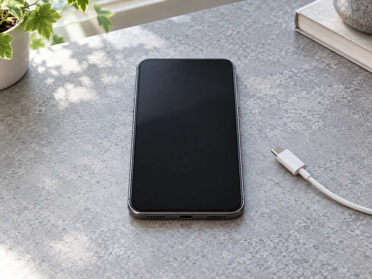 風通しのよい机に置かれた一般的なスマートフォンと、接続していない充電ケーブル