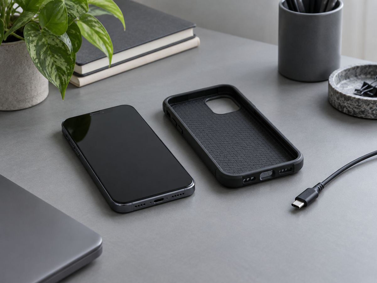 厚いケースと充電ケーブルを外し、机に置いたスマートフォン