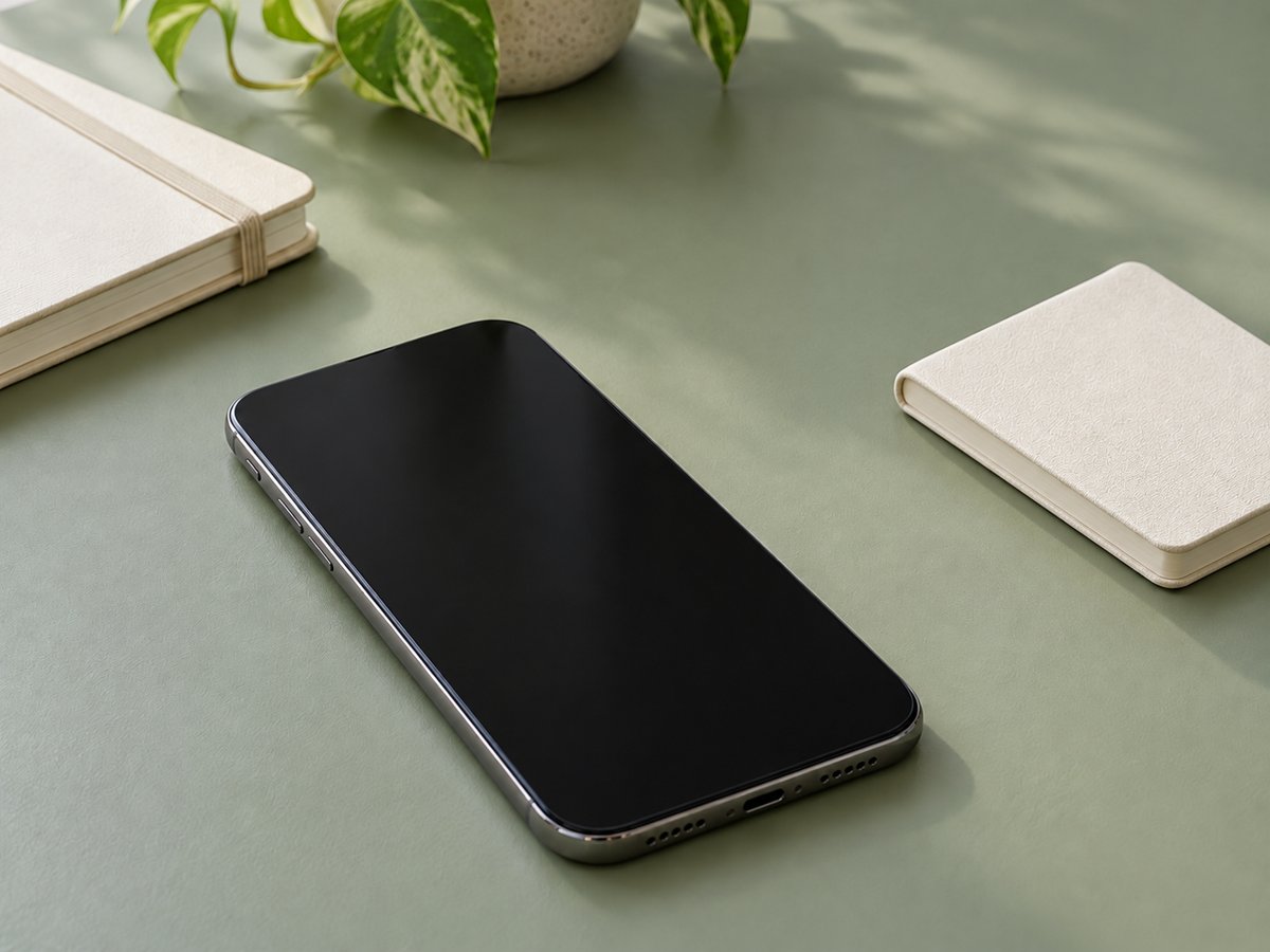 緑色の机に置いた暗い画面のスマートフォンと閉じた白いノート