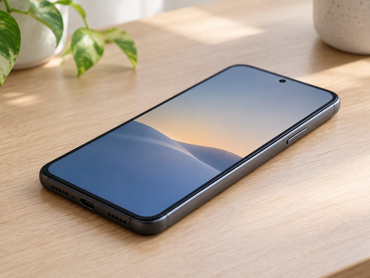 画面が点いた状態で机に置かれたスマートフォンの側面ボタン