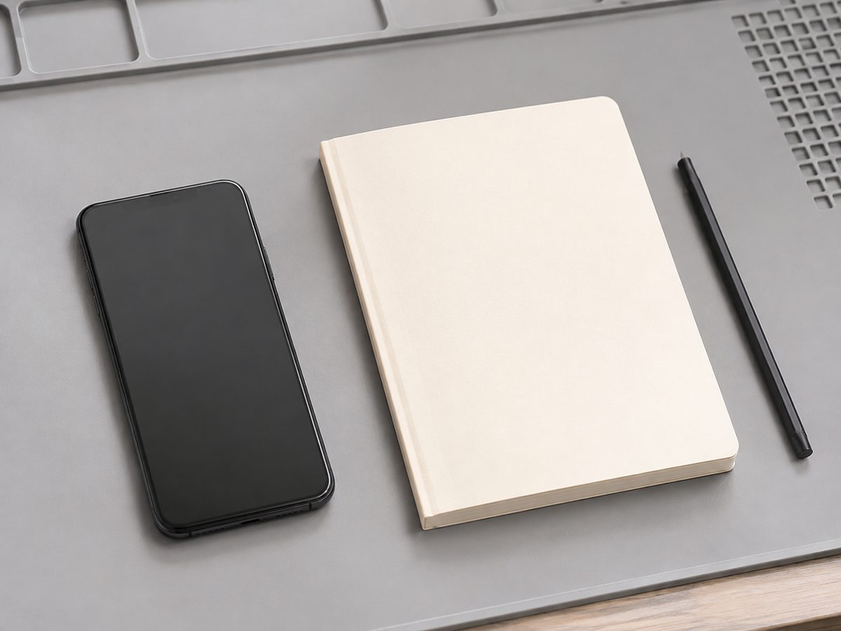 無表示のスマートフォンと白紙のノート