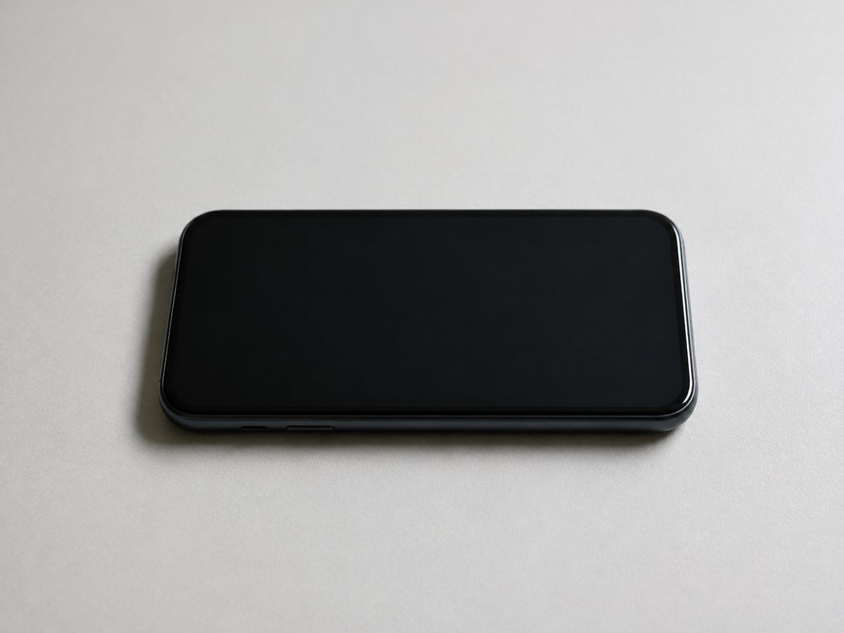 無表示の画面で机に置かれた一般的なスマートフォン
