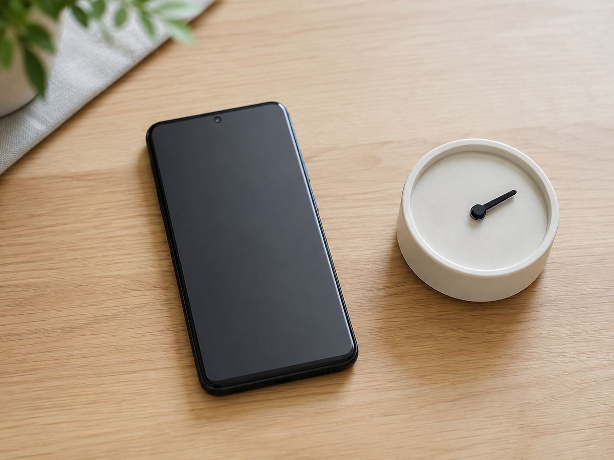 無表示のスマートフォンと目盛りのない小さなタイマー