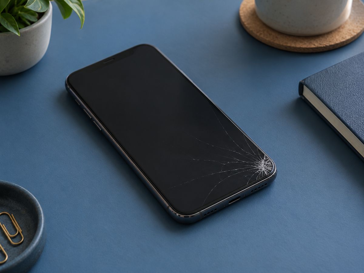 前面ガラスの角にひびが入った、充電していないスマートフォン