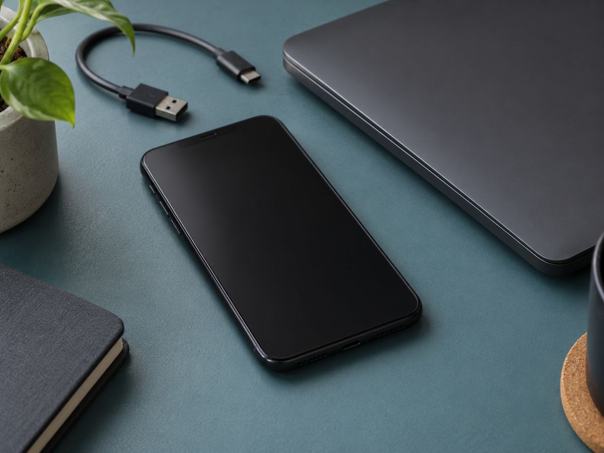 閉じたノートパソコンの横に置いたスマートフォンと接続していないケーブル