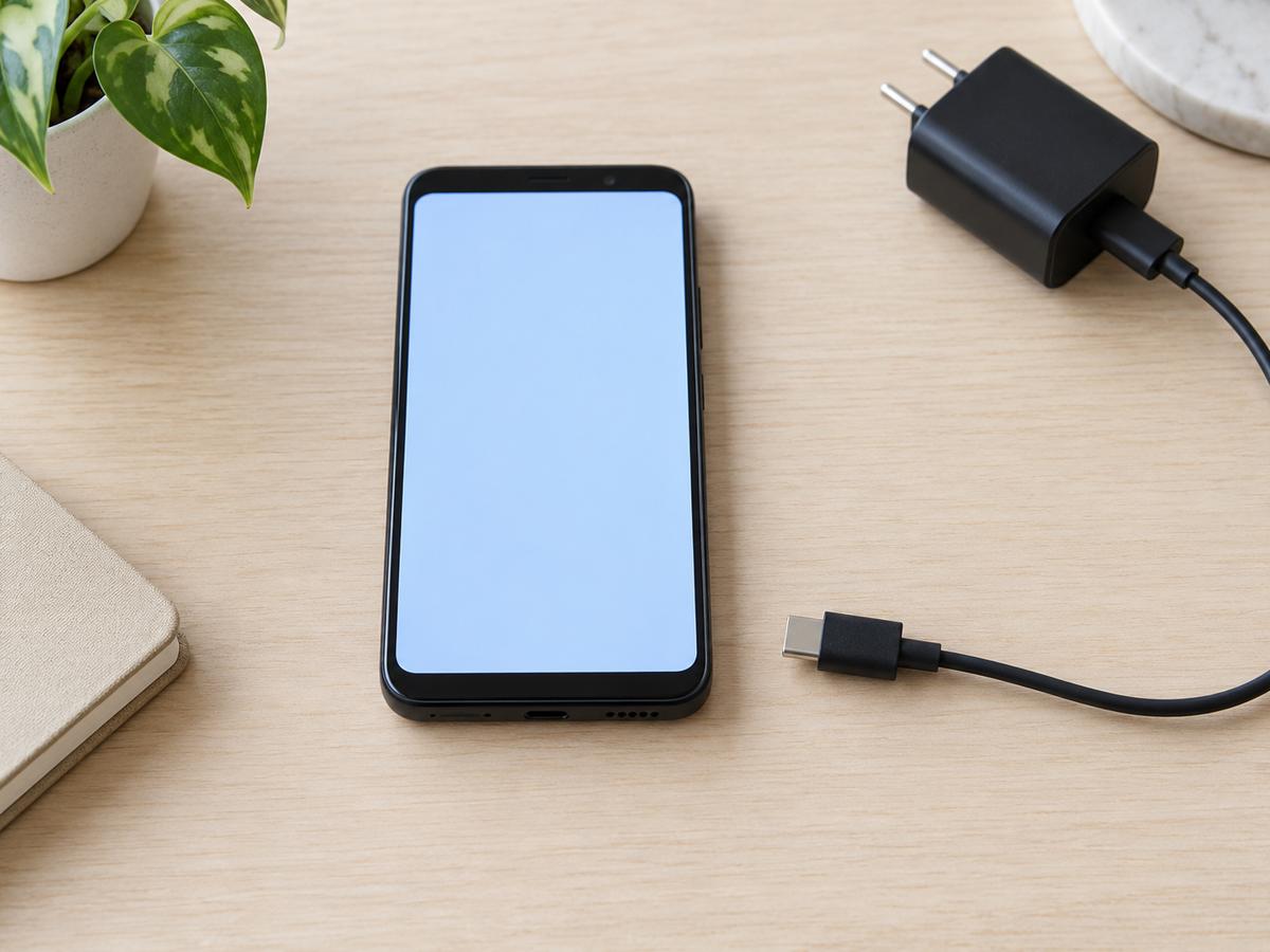 机のスマートフォンと、端末から離して置いた充電ケーブル