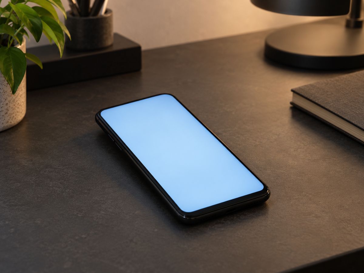 暗い机に置いた、淡い青色の画面が点灯しているスマートフォン