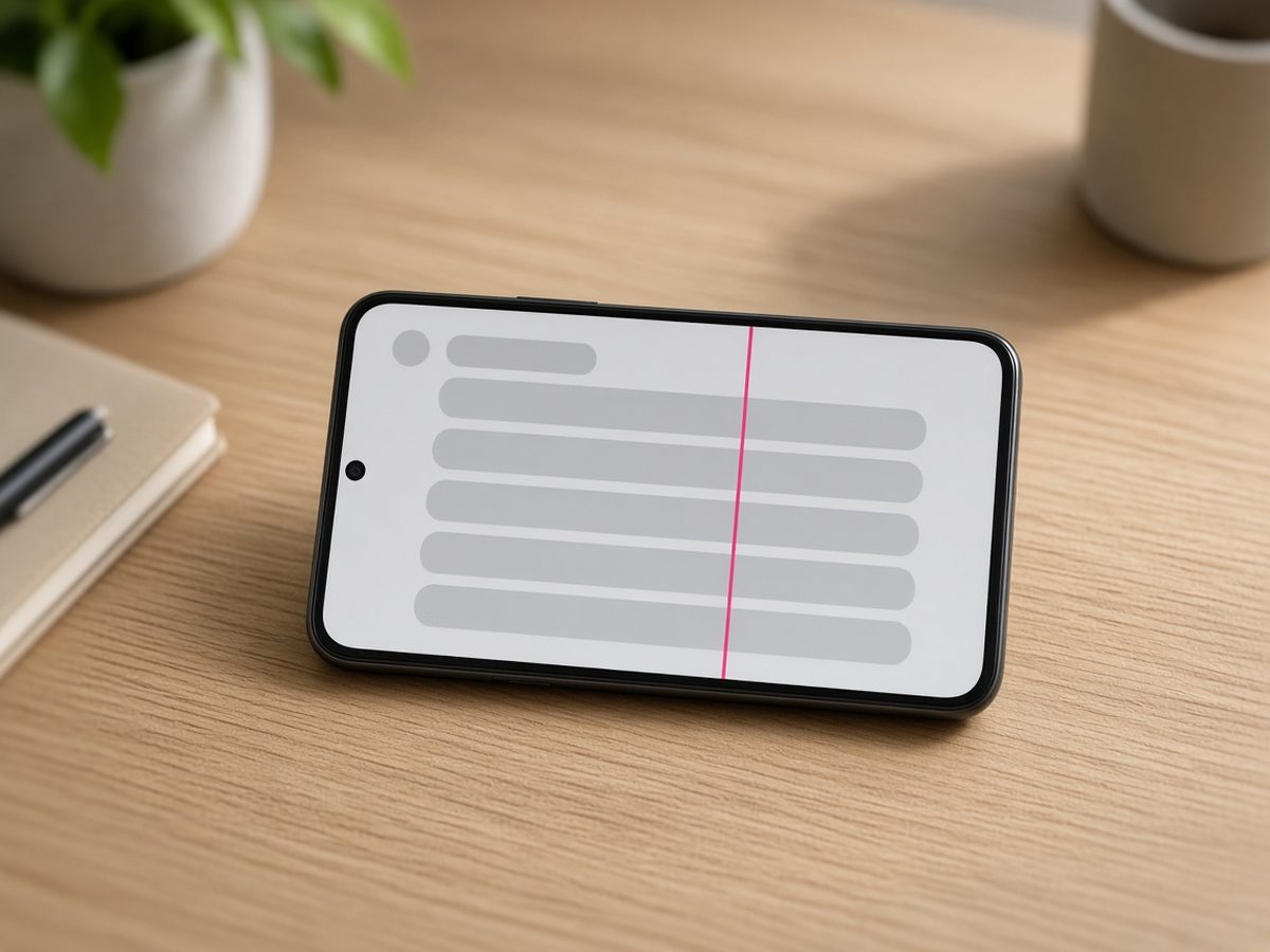 机の上に置かれた一般的なスマートフォン。画面に細い縦の線が出ている