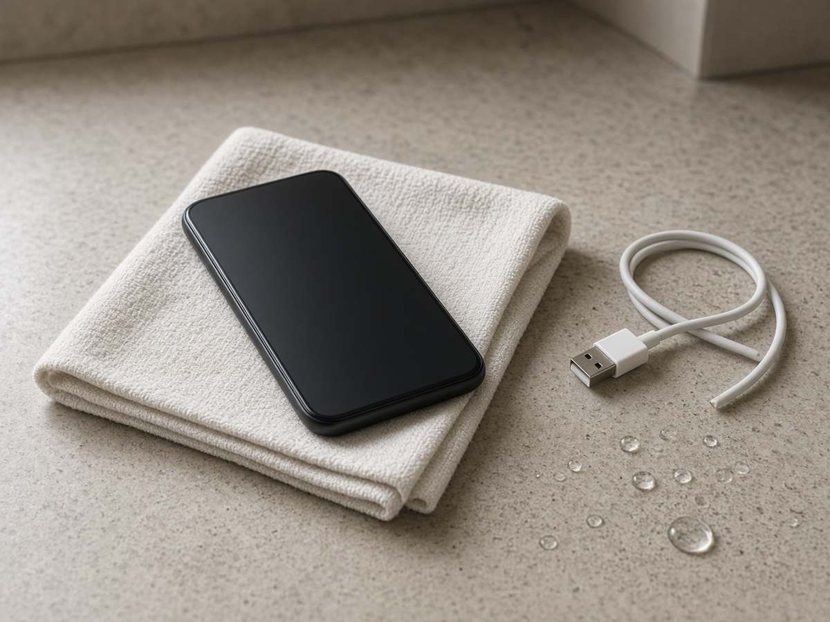 乾いた布の上のスマートフォンと、外した充電ケーブル、近くの水滴