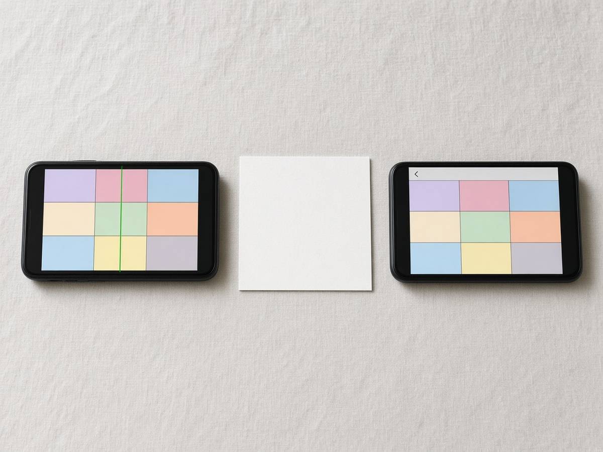 2台のスマートフォン。左の画面には細い緑の線があり、右は保存した画像の見え方