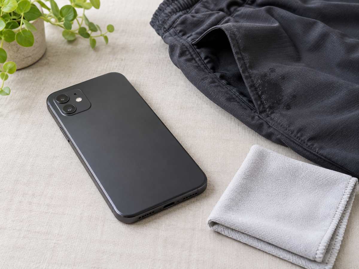 衣類のポケットと乾いた布のそばに背面を上にして置かれたスマートフォン