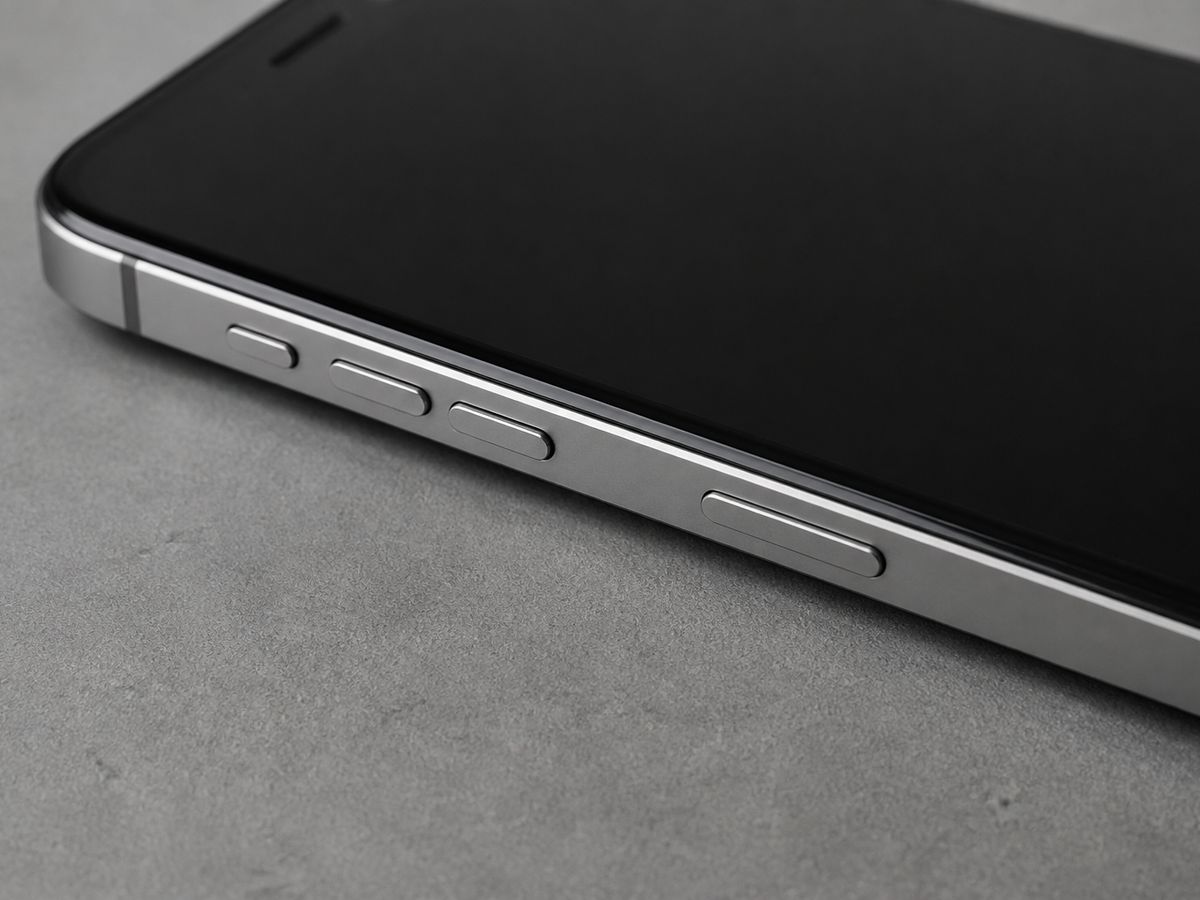 側面の音量ボタンとサイドボタンが見える、画面が消えたスマートフォンのアップ