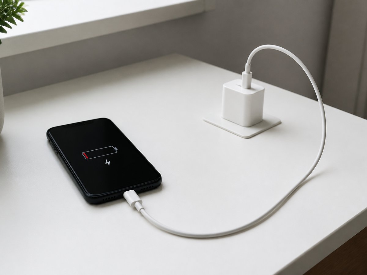 コンセントのアダプタとケーブルで充電中、残量低下の電池表示が出ているスマートフォン