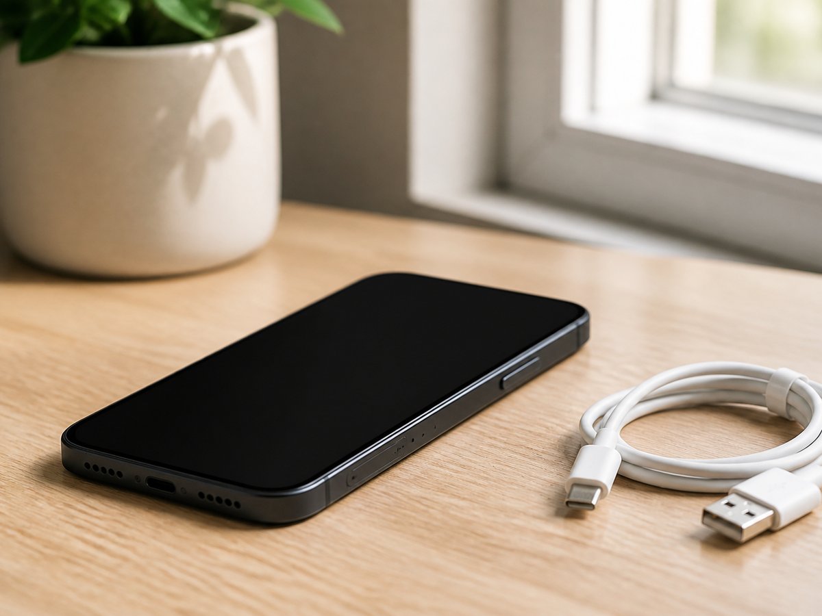 画面が真っ暗なスマートフォンと、つながっていない充電ケーブルが机に置かれている様子