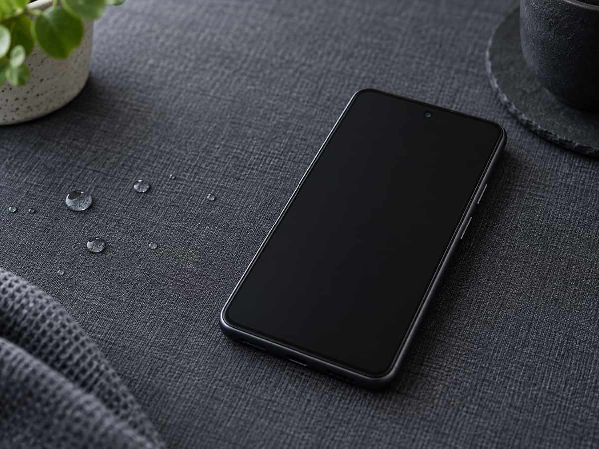 画面が消えたスマートフォンのそばにある小さな水滴